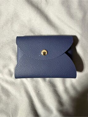 Textured Navy Leather Card Case with Gold Snap Closure